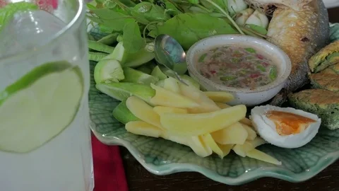 Shrimp Paste Chilli Sauce set with Vegetables and shortbodied mackerel fish Stock Footage 77455002