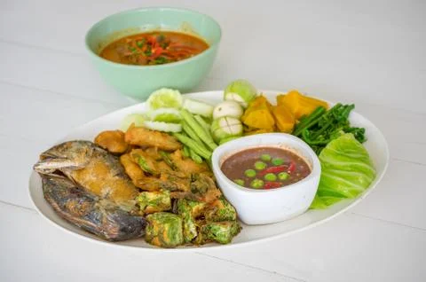 Shrimp paste with fried mackerel and vegetable Stock Photos