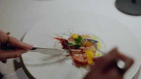 Shrimp Paste. Restaurant Customer Begins To Eat Meal With Knife And Fork, Stock Footage 262522947