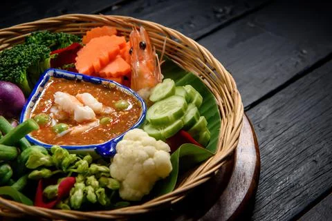 Shrimp paste sauce with vegetable set. Thai food concept Stock Photos