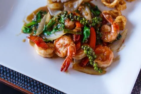 Shrimp in sauce 스톡 사진