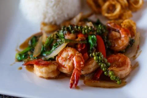 Shrimp in sauce 库存照片