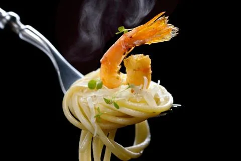 Shrimp spaghetti on fork Stock Photos