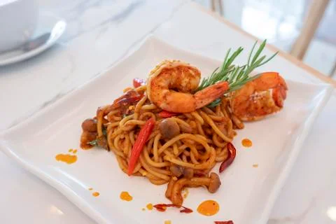 Shrimp spaghetti Stock Photos