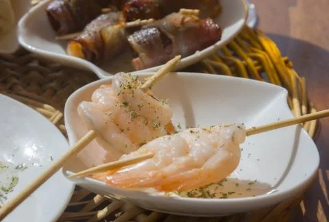 Shrimp tapas on sticks Stock Photos