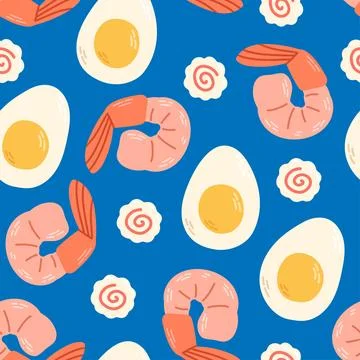 Shrimps egg narutomaki seamless pattern on blue background vector Stock Illustration