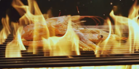 Shrimps falling on grill grid Video stock 247379310