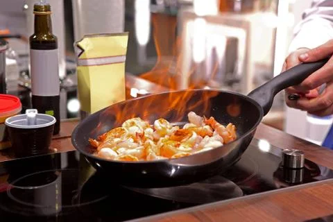 Shrimps on a  pan Stock Photos