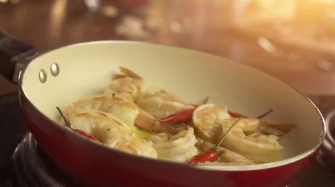 Shrimps on pan with red chilly pepper Stock Footage 57320113