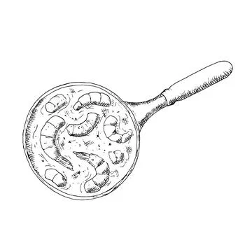Shrimps in sauce in a pan. Vector illustration. Isolated object on a white. Stock Illustration
