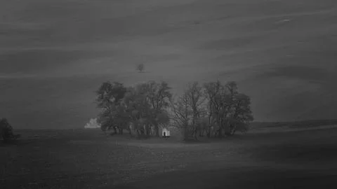 A shrine standing in a grove in the fields Stock Photos