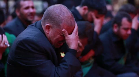 Shrine's servants crying for Imam Hussein inside Hussein's shrine, Karbala 789 Stock Footage 45163141