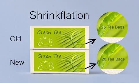 Shrinkflation concept same packaging less content Illustrazione stock