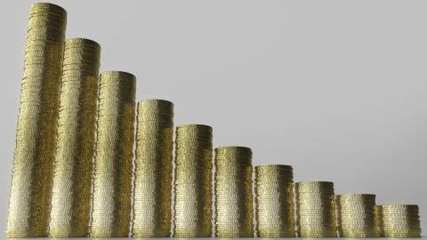 Shrinking bar chart made of coin stacks. Business decline or decreasing savings Stock Illustration