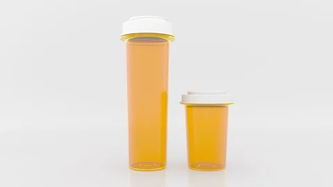 Shrinking bar chart made of pill bottles. Decreasing medical expenses or Stock Footage 87950188