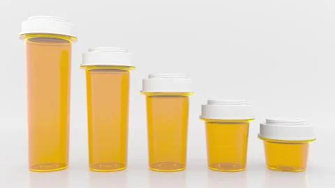 Shrinking bar chart made of pill bottles. Decreasing medical expenses or Stock Illustration