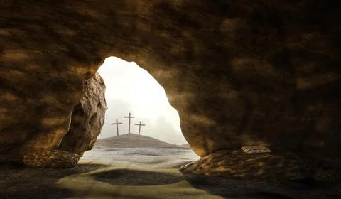 Shroud in empty tomb resurrection of Jesus Christ crucifixion 3d rendering Stock Illustration