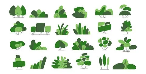 Shrub bush shrubbery tree simple abstract flat cartoon vector illustration. Set Stock Illustration