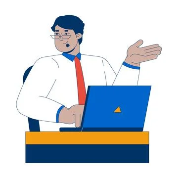 Shrugging arab man office worker typing laptop at desk 2D cartoon character Stock Illustration