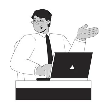 Shrugging arab man office worker typing laptop at desk bw 2D line character Stock Illustration