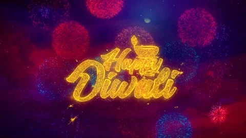 Shubh Happy Diwali Greeting Text Sparkle Particles on Colored Fireworks Stock Footage 106936615