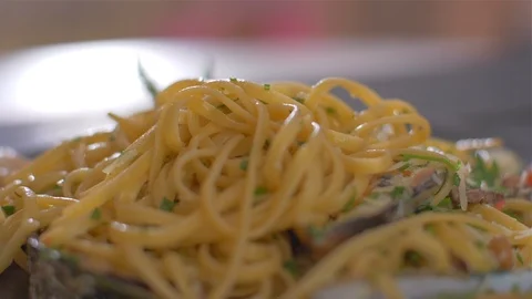 Shuffle a very delicious paste with seafood and mussels. Stock Footage 111671405