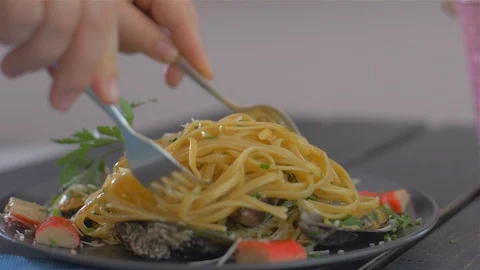 Shuffle a very delicious paste with seafood and mussels. Stock Footage 111671536