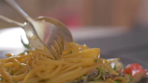 Shuffle a very delicious paste with seafood and mussels. Stock Footage 111671615