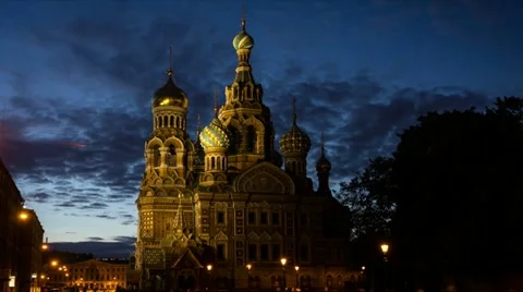 Сhurch of the resurrection in White Nights, St. Petersburg, Russia (timelapse) Stock Footage