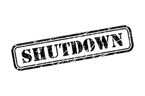 Shutdown stamp symbol, label sticker sign button, text banner vector illustra 스톡 일러스트