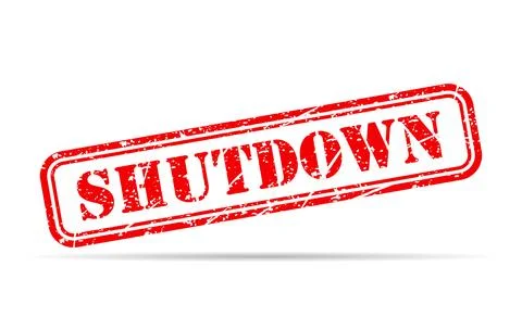 Shutdown stamp symbol shadow, label sticker sign button, text banner vector i Stock Illustration