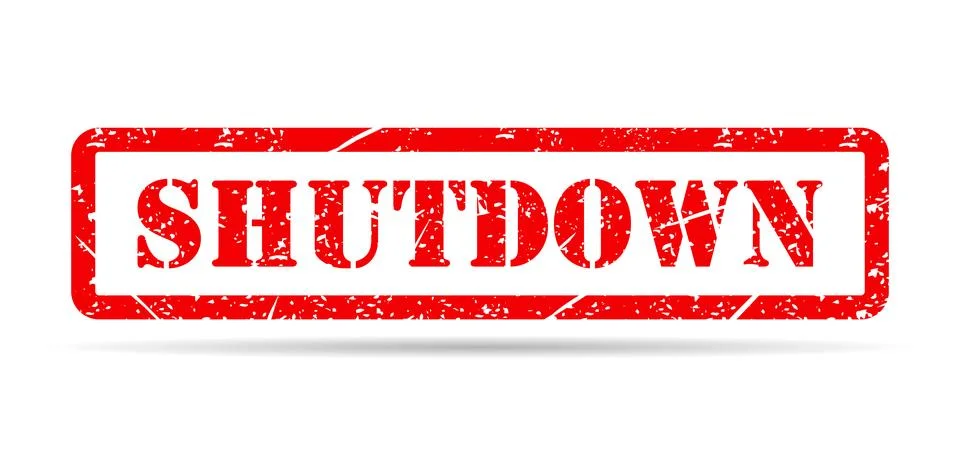 Shutdown stamp symbol shadow, label sticker sign button, text banner vector i Stock Illustration