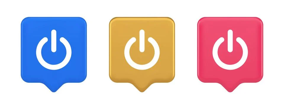 Shutdown turn on off button energy switch power start stop web app design 3d  Ilustração Stock
