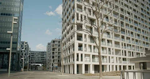 Shutdown in Vienna, Austria - tracking shot of deserted modern residential area Stock Footage 128695430