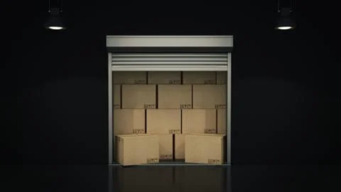 Shutter door or rolling door with cardboard boxes 3D Stock Illustration