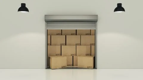 Shutter door or rolling door with cardboard boxes 3D Stock Illustration