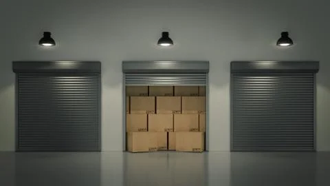 Shutter door or rolling door with cardboard boxes 3D Stock Illustration