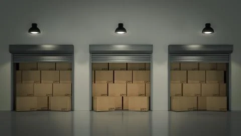 Shutter door or rolling door with cardboard boxes 3D Stock Illustration