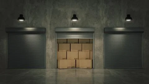 Shutter door or rolling door with cardboard boxes 3D Stock Illustration