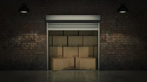 Shutter door or rolling door with cardboard boxes 3D Stock Illustration