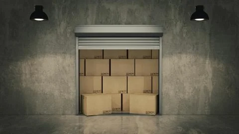 Shutter door or rolling door with cardboard boxes 3D Stock Illustration