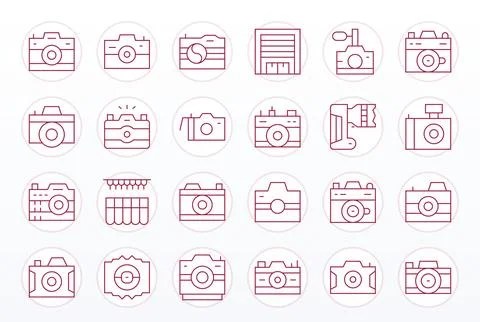 Shutter Pixel Aligned Vector Set with 24 256x256 Thin Line Icons Stock Illustration