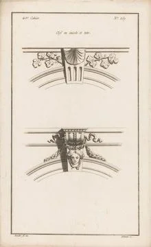 Shutter stones with a shell pattern and mask; CLEF and CONSOLE ET TETE; Cl... Stock Photos