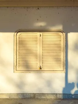 Shutter on a wall displays shadows of trees during evening light in a quiet.. 写真素材