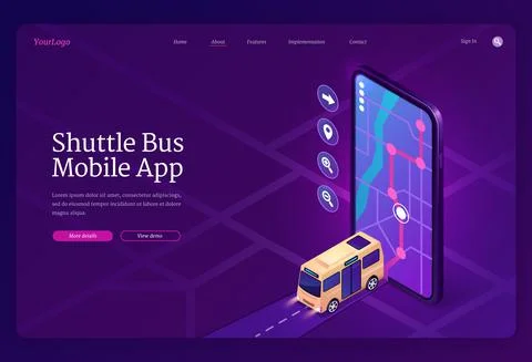 Shuttle bus mobile app isometric landing page Stock Illustration