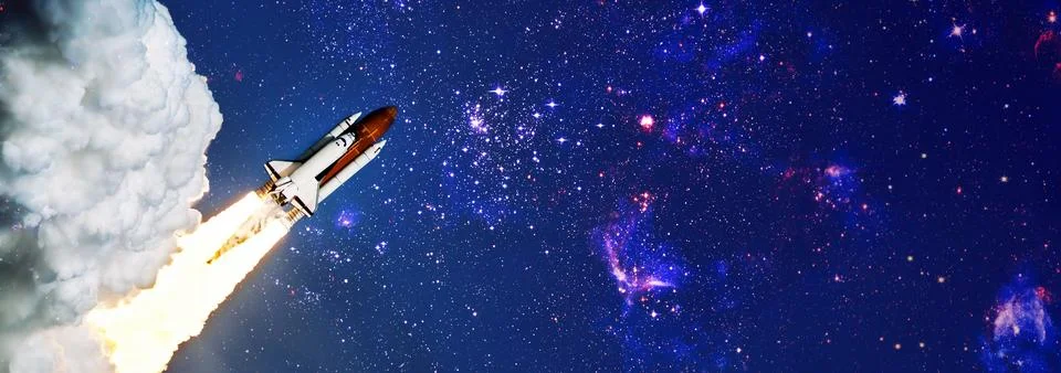 Shuttle launch in the clouds to outer space. Dark space with stars on backg.. Stock Photos