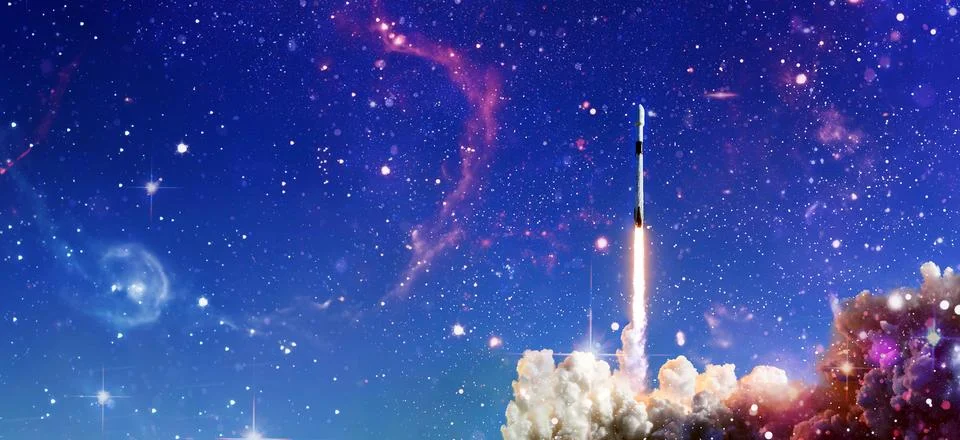 Shuttle launch in the clouds to outer space. Dark space with stars on backg.. Stock Photos