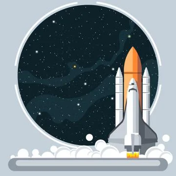 Shuttle at launch with fire and smoke and space view. Digital vector image. Stock Illustration