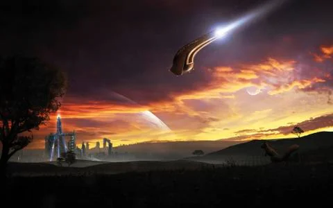 A shuttle in the process of landing is observed by a little explorer. Stock Illustration