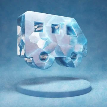Shuttle Van icon. Cracked blue Ice Shuttle Van symbol on blue snow podium. Stock Illustration